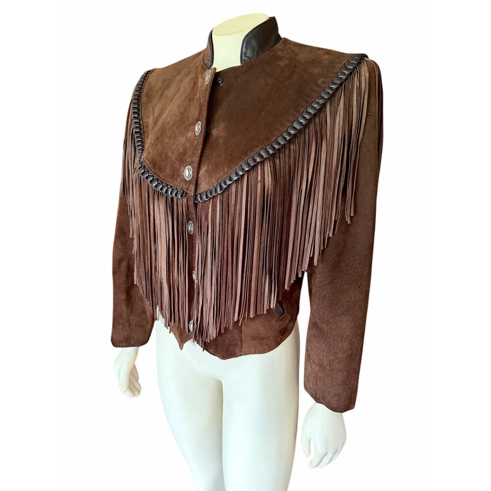Cache Brown Suede Leather Fringe Western Crop Jacket Concho Buttons Vintage - Picture 2 of 13